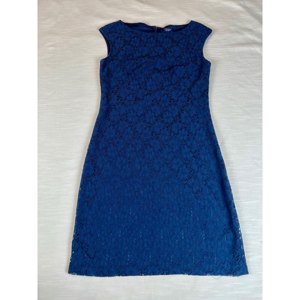 Chaps Navy Blue Floral Lace Sleeveless Sheath Dress Size 6 Boat Neck Cocktail